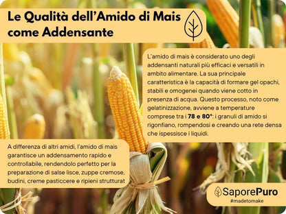 Amido di mais Nativo SaporePuro, addensante naturale senza glutine, visibile in sacchetto con etichetta e ingredienti.