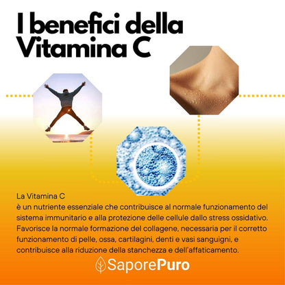 Vitamina C SaporePuro, acido ascorbico puro, integratore alimentare con bustine di vitamina C, supplemento per il sistema immunitario