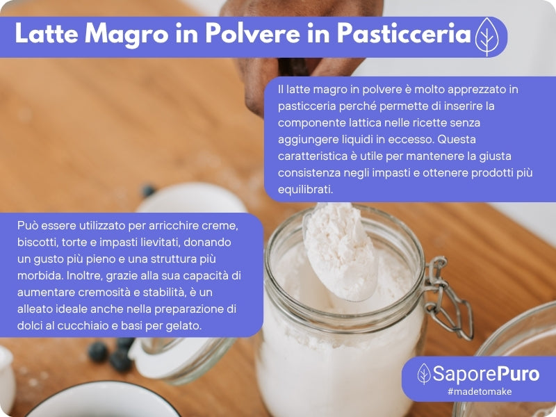 Latte magro in polvere SaporePuro, confezione da 1kg, provenienza UE, vista della scatola con etichetta e prodotto in polvere