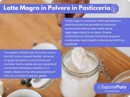Latte magro in polvere SaporePuro, confezione da 1kg, provenienza UE, vista della scatola con etichetta e prodotto in polvere