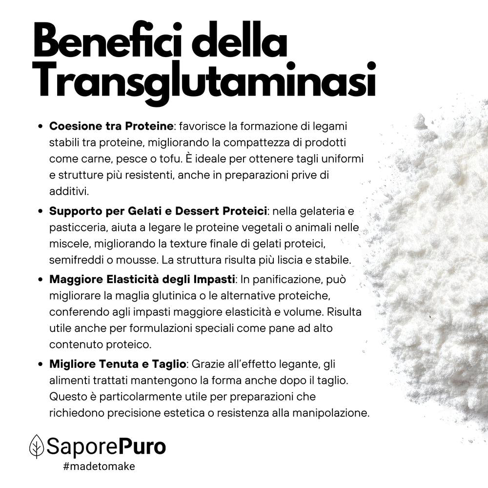 Polvere di transglutaminasi SaporePuro, enzima alimentare professionale, in confezione con etichetta visibile.