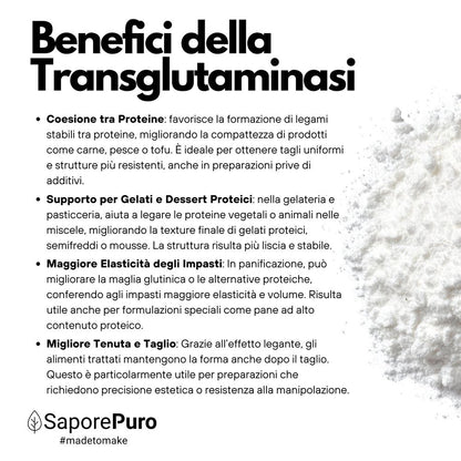 Polvere di transglutaminasi SaporePuro, enzima alimentare professionale, in confezione con etichetta visibile.