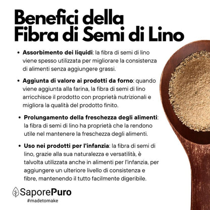 Fibra di semi di lino SaporePuro, addensante naturale per gelati, dolci e salse, in confezione con semi di lino macinati.