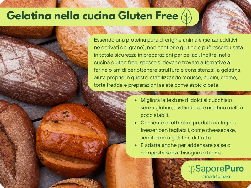 Gelatina istantanea SaporePuro, 200-220 Bloom, ingrediente per cucina e forno, in confezione con polvere bianca.