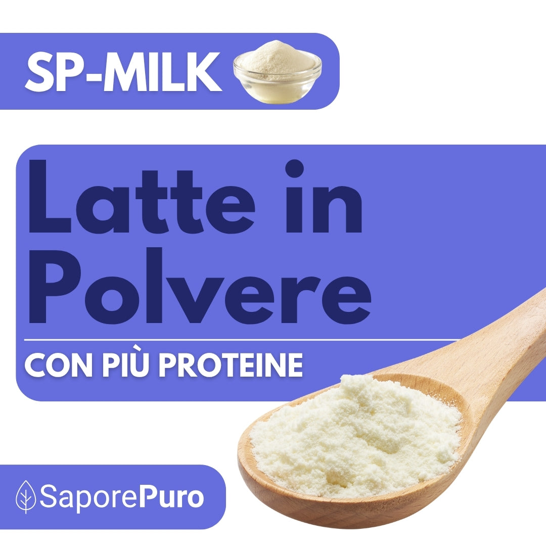 Latte magro in polvere SaporePuro, con alto contenuto proteico, ideale per gelati, pasticceria e altri usi culinari.