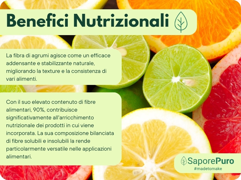 Fibra di Agrumi SaporePuro, addensante Clean Label per gelato senza E, con pezzi di agrumi visibili in un contenitore.