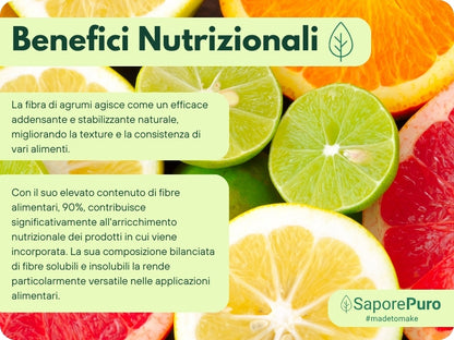 Fibra di Agrumi SaporePuro, addensante Clean Label per gelato senza E, con pezzi di agrumi visibili in un contenitore.