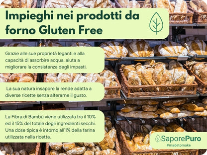 Fibra di bambù naturale SaporePuro, ingrediente per prodotti caseari, da forno e gelati, origine Germania, in pacchetto da cucina.