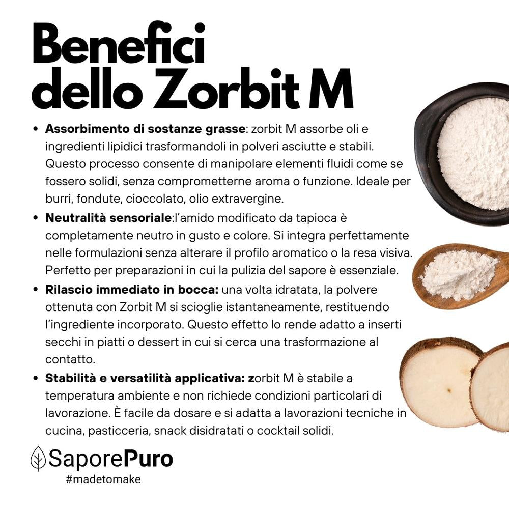 Amido modificato di tapioca Zorbit M di SaporePuro, polvere fine di maltodestrina derivata dalla tapioca, bianca e setosa