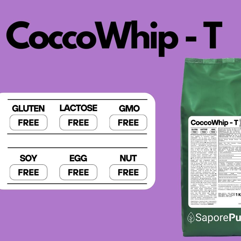 Grasso di cocco montante CoccoWhip SaporePuro, 1kg, vegan, ideale per gelati e pasticceria, immagine del prodotto in contenitore.