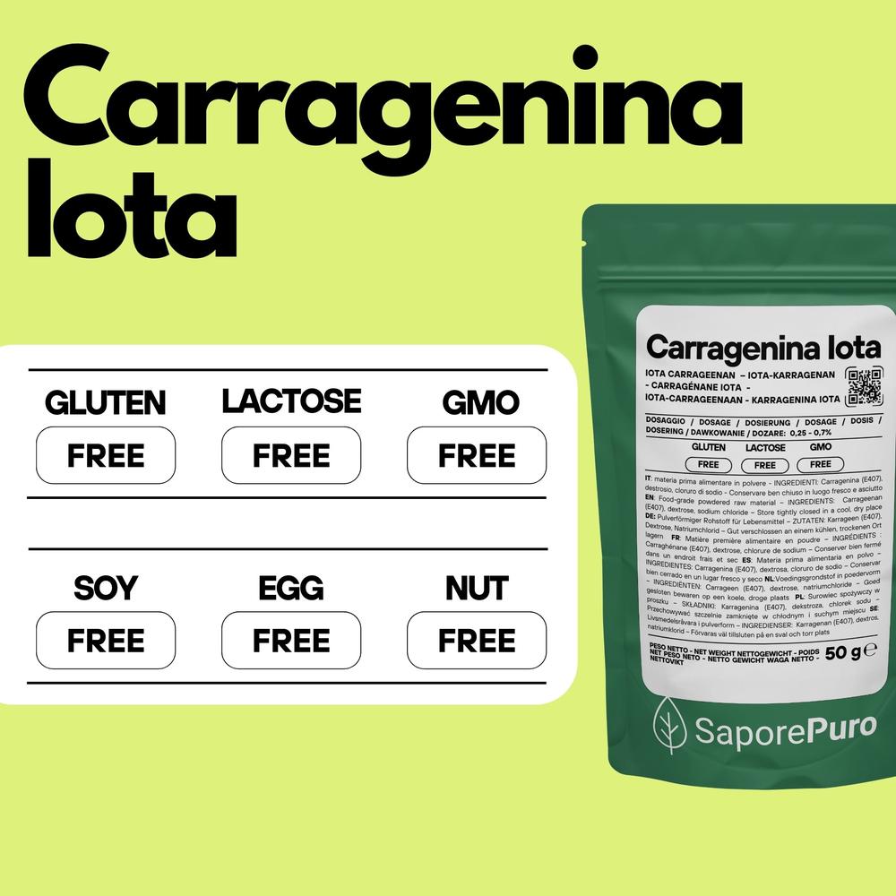Carragenina Iota E407 in emulsione gelificante elastico, prodotto alimentare naturale di SaporePuro, visibile in contenitore.