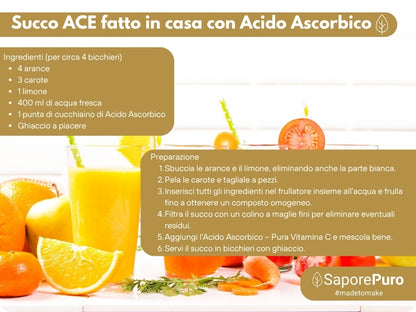Vitamina C pura Acido Ascorbico SaporePuro in confezione, supplemento naturale per ricette e salute, prodotto in Italia.