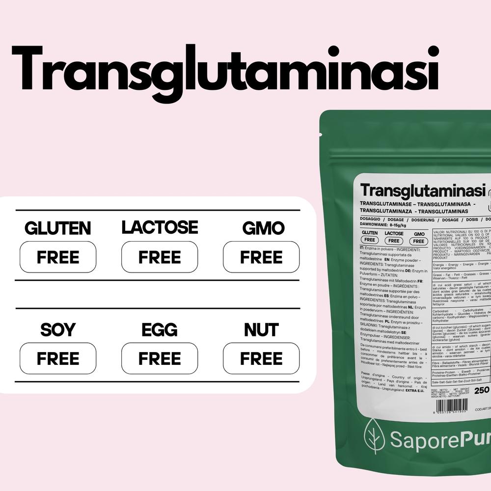 Polvere di transglutaminasi SaporePuro, enzima professionale per applicazioni alimentari, in contenitore visibile nell'immagine.