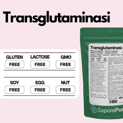 Polvere di transglutaminasi SaporePuro, enzima professionale per applicazioni alimentari, in contenitore visibile nell'immagine.