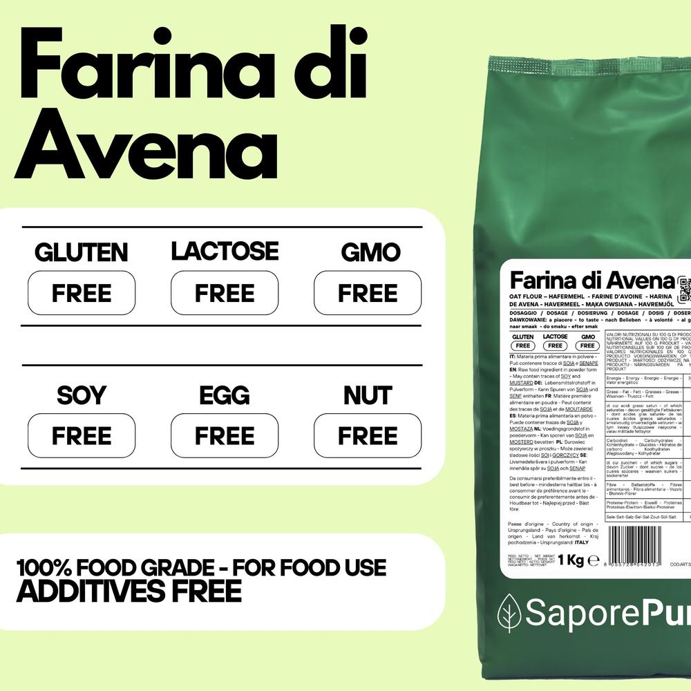 Farina di Avena senza glutine SaporePuro in confezione da 1kg, immagine di sacchetto di farina di avena naturale.