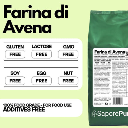 Farina di Avena senza glutine SaporePuro in confezione da 1kg, immagine di sacchetto di farina di avena naturale.