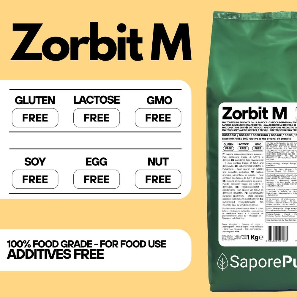 Amido modificato di tapioca Zorbit M di SaporePuro, polvere bianca fine, derivata dalla tapioca, per uso alimentare e industriale.