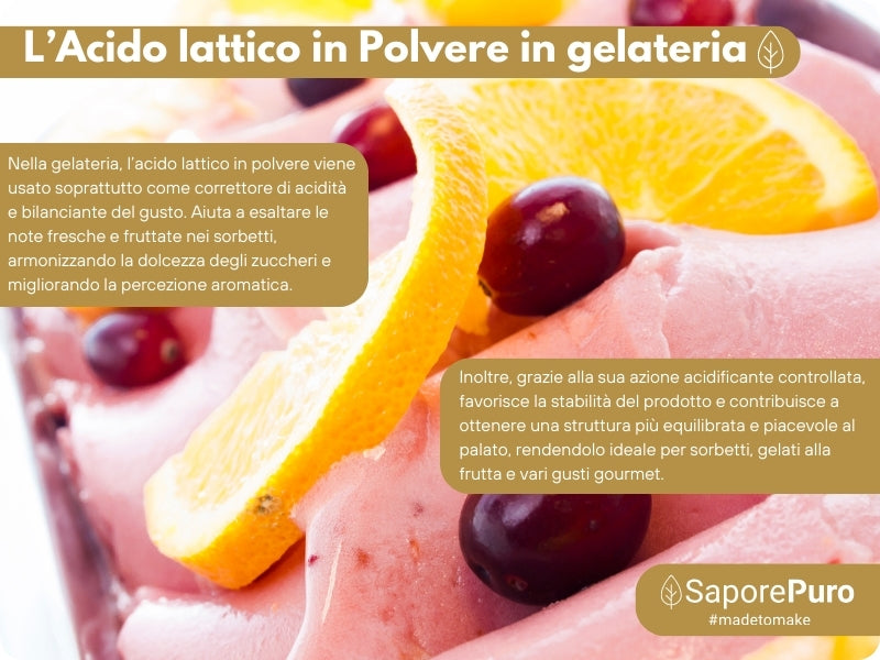 Polvere di acido lattico come additivo alimentare SaporePuro, evidenziata in un contenitore bianco con etichetta.