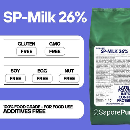 Latte in polvere SaporePuro con alto contenuto proteico, ideale per gelati, pasticceria e usi culinari, in confezione da SP MILK