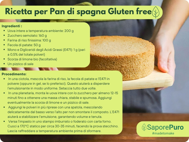 Emulsionante Mono60 E471 di SaporePuro, ingrediente alimentare di alta qualità per gelati, pasticceria e panificazione, prodotto in Europa.