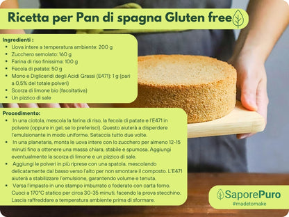 Emulsionante Mono60 E471 di SaporePuro, ingrediente alimentare di alta qualità per gelati, pasticceria e panificazione, prodotto in Europa.
