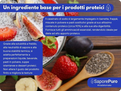 Immagine di polvere di caseinato di sodio SaporePuro, proteina pura da latte, senza glutine, ingrediente per cucina e forno.