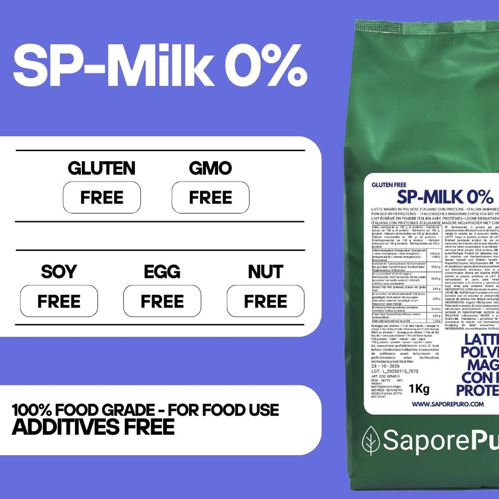 Latte in polvere SaporePuro con alto contenuto proteico, ideale per gelati, pasticceria e usi culinari, di colore bianco in sacchetto.