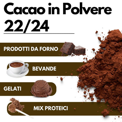 Cacao in polvere SaporePuro, 22-24% di materia grassa, origine Olanda, gusto deciso e sapore intenso, visibile in confezione.
