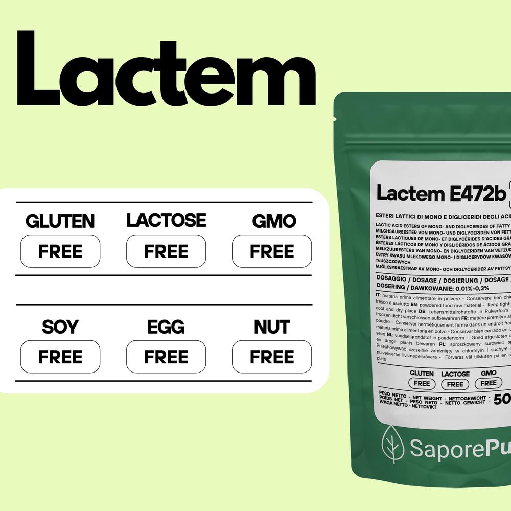 Emulsionante professionale E472b Lactem SaporePuro, per gelato e panificazione, in confezione con etichetta visibile.