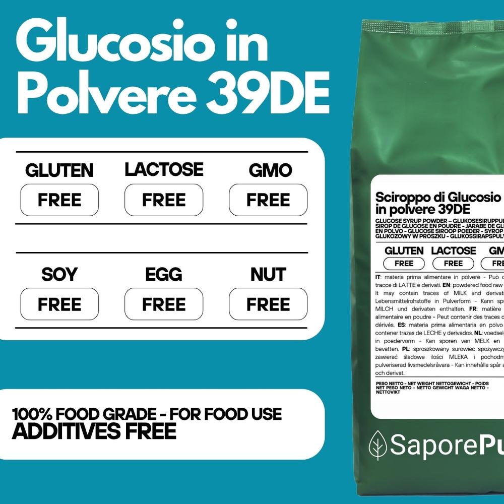 Sciroppo di glucosio in polvere 38-39DE SaporePuro, ingrediente per cucina e pasticceria, contenuto in un sacchetto da 1 kg