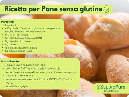 Carbossimetilcellulosa (CMC) SaporePuro, polvere bianca e fine, utilizzata come addensante e stabilizzante in alimenti.