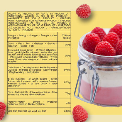 Preparato in polvere SaporePuro per panna cotta, miscela semilavorata per dolci cremosi, visibile in confezione e cucchiaio.