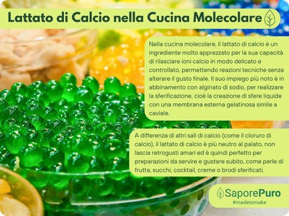 Lattato di calcio in polvere SaporePuro, ingrediente per cucina e forno, confezione con etichetta visibile, sferificazione molecolare.