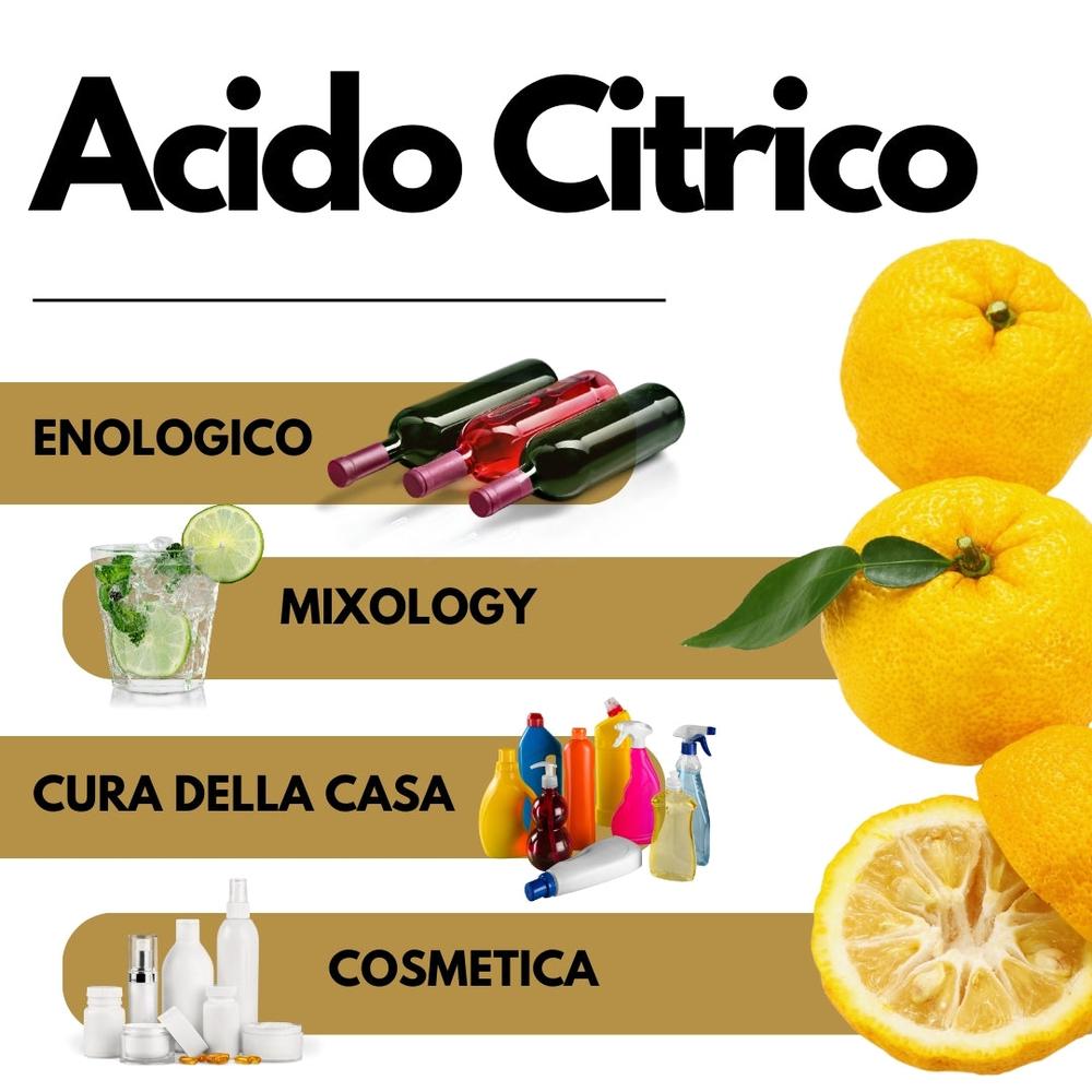 Additivo alimentare Acido Citrico SaporePuro per cocktail, vino, pulizie e enologia, in confezione da laboratorio.