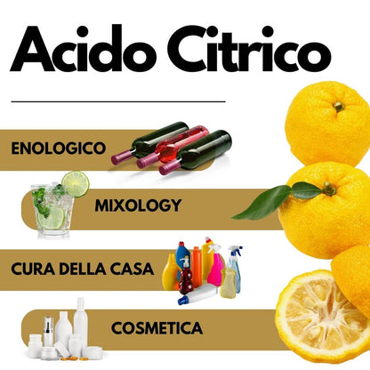 Additivo alimentare Acido Citrico SaporePuro per cocktail, vino, pulizie e enologia, in confezione da laboratorio.