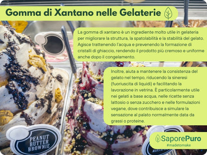 Gomma di xantano SaporePuro E415 in confezione, prodotto italiano, usata come addensante e stabilizzante in cucina.