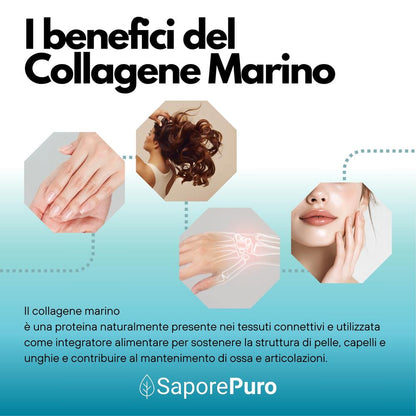 Integratore di collagene marino SaporePuro in polvere, 300g, ideale per la salute della pelle e delle articolazioni.