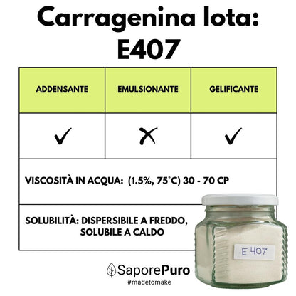 Gelificante elastico Carragenina Iota E407 di SaporePuro, emulsificante naturale per cucina e preparazioni alimentari.