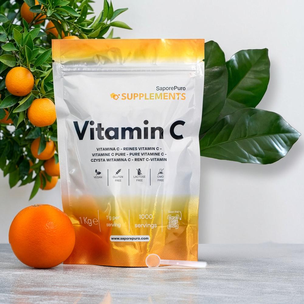 Polvere di acido ascorbico puro di Vitamina C di SaporePuro, integratore alimentare, confezione da 1000g.