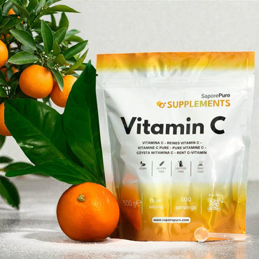 Vitamina C SaporePuro, acido ascorbico puro in confezione da 500 g, integratore alimentare per il benessere quotidiano.