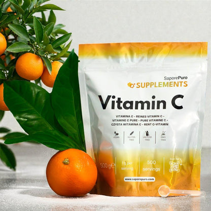 Vitamina C SaporePuro, acido ascorbico puro in confezione da 500 g, integratore alimentare per il benessere quotidiano.