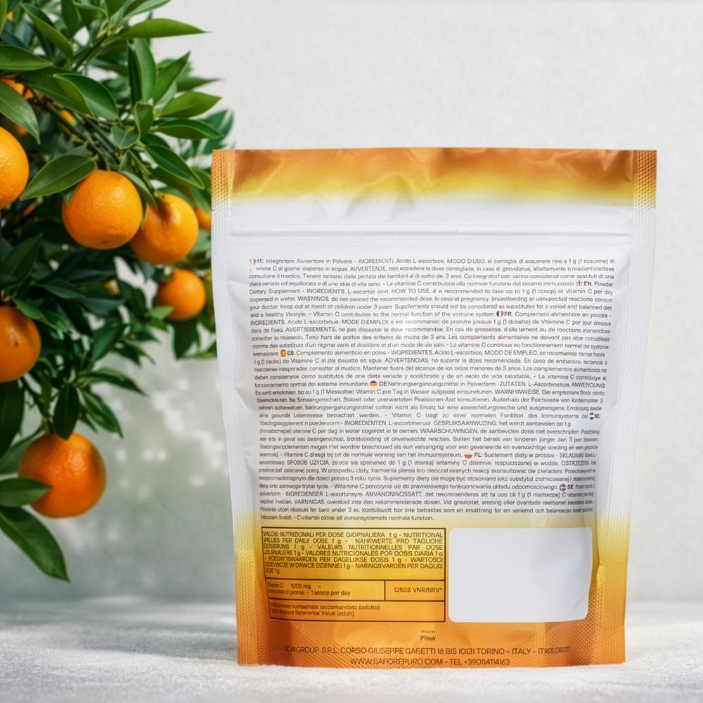 Vitamina C SaporePuro, acido ascorbico puro in confezione da 500 mg, integratore alimentare con polvere bianca.