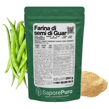 Farina di Semi di Guar SaporePuro, ingrediente per cucina e forno, origine India, confezionata in Italia, visibile nel sacchetto.