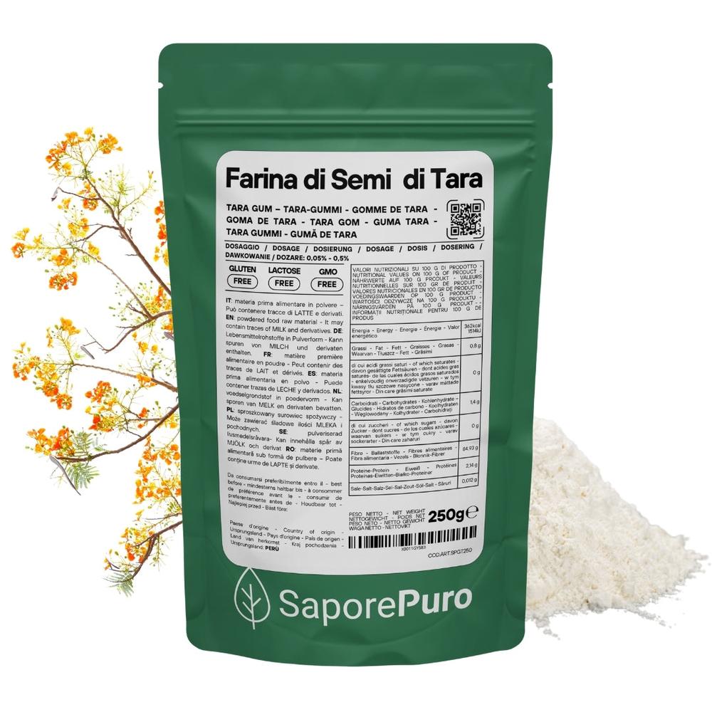 Farina di Semi di Tara e gomma di Tara SaporePuro, origine Perù, confezionata in Italia, naturale e biologica, per cucina e pasticceria.
