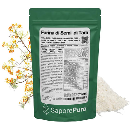 Farina di Semi di Tara e gomma di Tara SaporePuro, origine Perù, confezionata in Italia, naturale e biologica, per cucina e pasticceria.