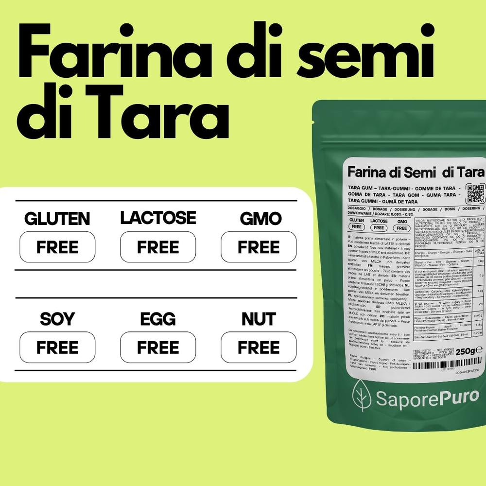 Farina di Semi di Tara e gomma di Tara SaporePuro, origine Perù, confezionata in Italia, visibile in questa immagine.