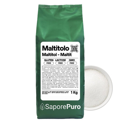 Maltitolo in polvere SaporePuro in confezione italiana, vista dell'etichetta e del contenuto in polvere bianca.