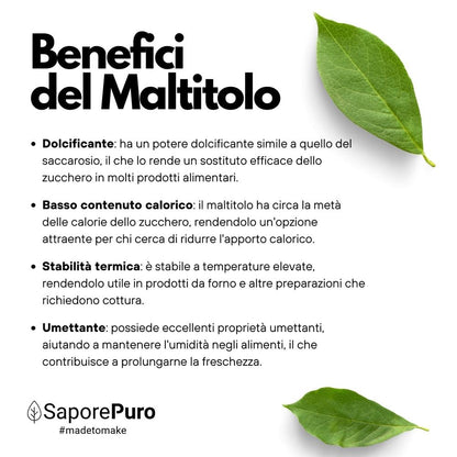 Maltitolo in polvere SaporePuro confezionato in Italia, confezione aperta con polvere bianca fine in ciotola