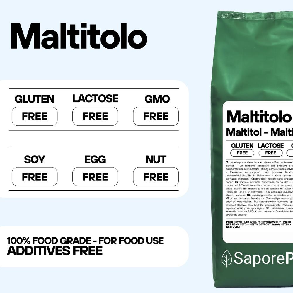 Maltitolo in polvere SaporePuro, confezionato in Italia, visibile in un contenitore con etichetta bianca e logo blu.