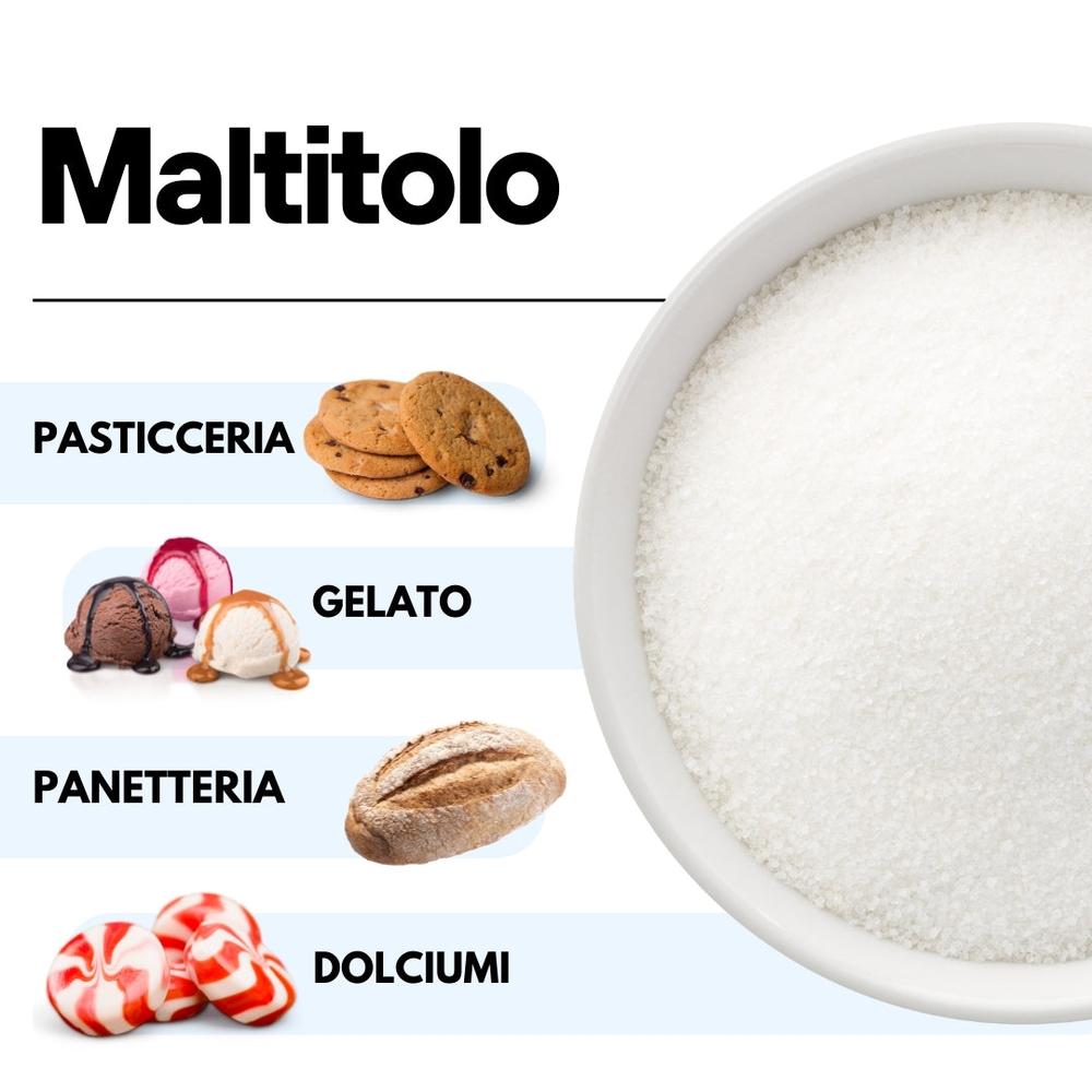 Maltitolo in polvere SaporePuro in confezione italiana, vista del contenuto in un barattolo.